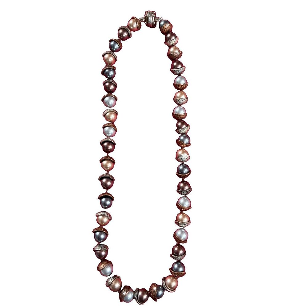 Vintage Hammered Glass Pearl Necklace Hand knotted Magnetic Clasp Bronze Silver